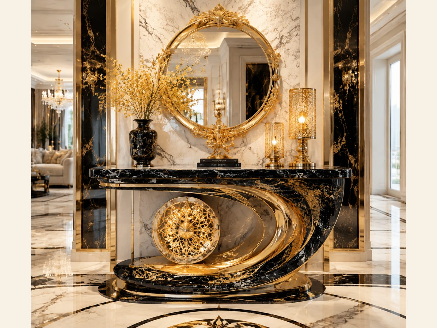 Turn an illuminated oval into a single focal point Ornate black marble console table with a sweeping gold oval and illuminated pierced medallion