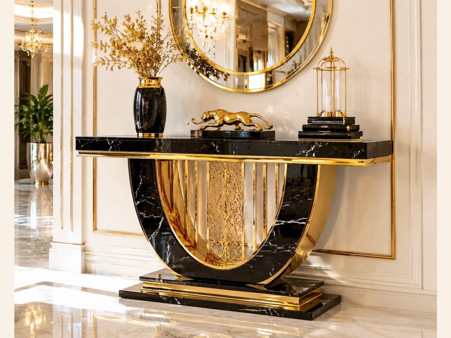 Layer nested arches beneath a straight stone top Black marble console table with nested gold arches, decorative centre panel and a large round mirror