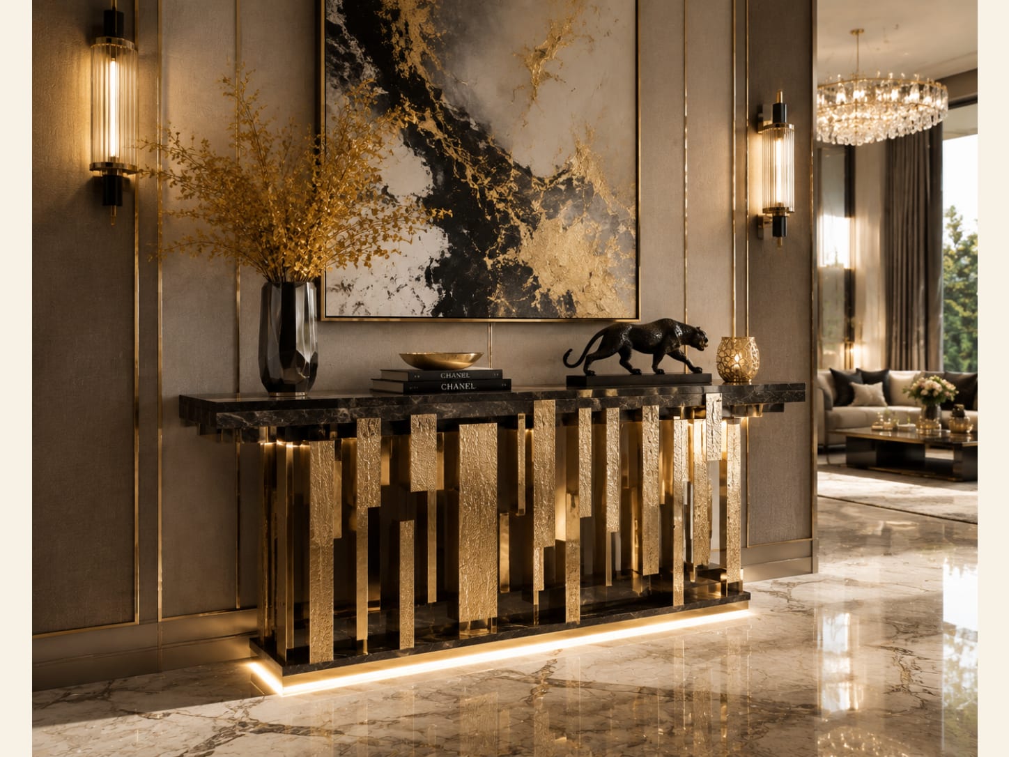 Create rhythm with staggered gold bars Black marble console table with staggered textured gold bars and abstract artwork