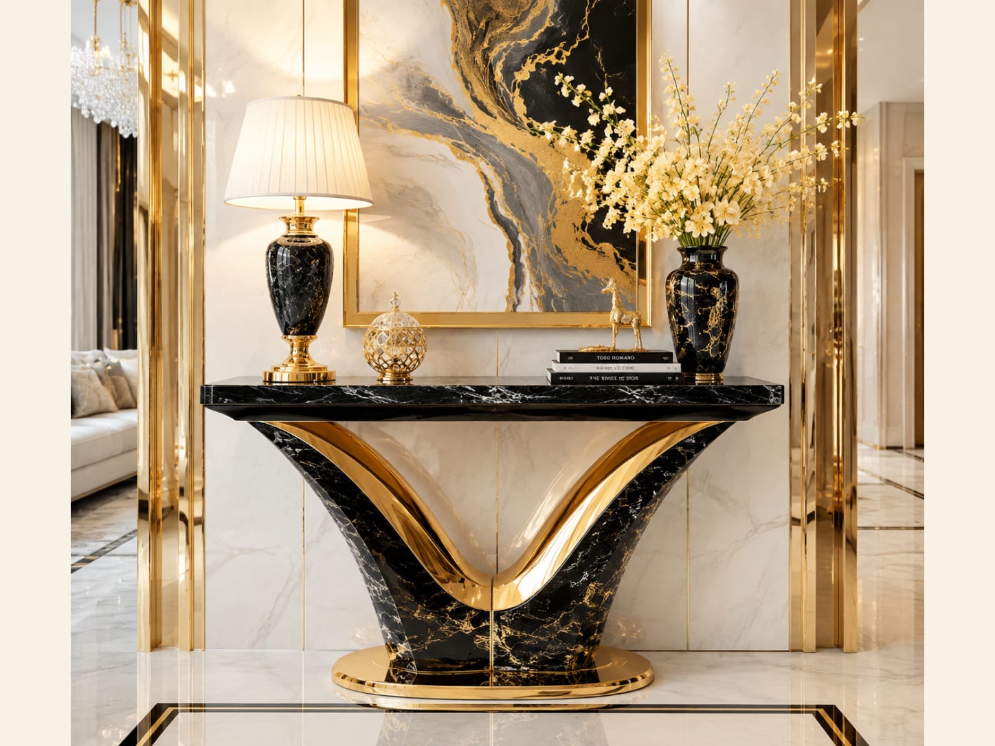Use one sweeping V instead of many small details Black marble console with a sweeping gold V-shaped inset, black marble lamp and large abstract artwork