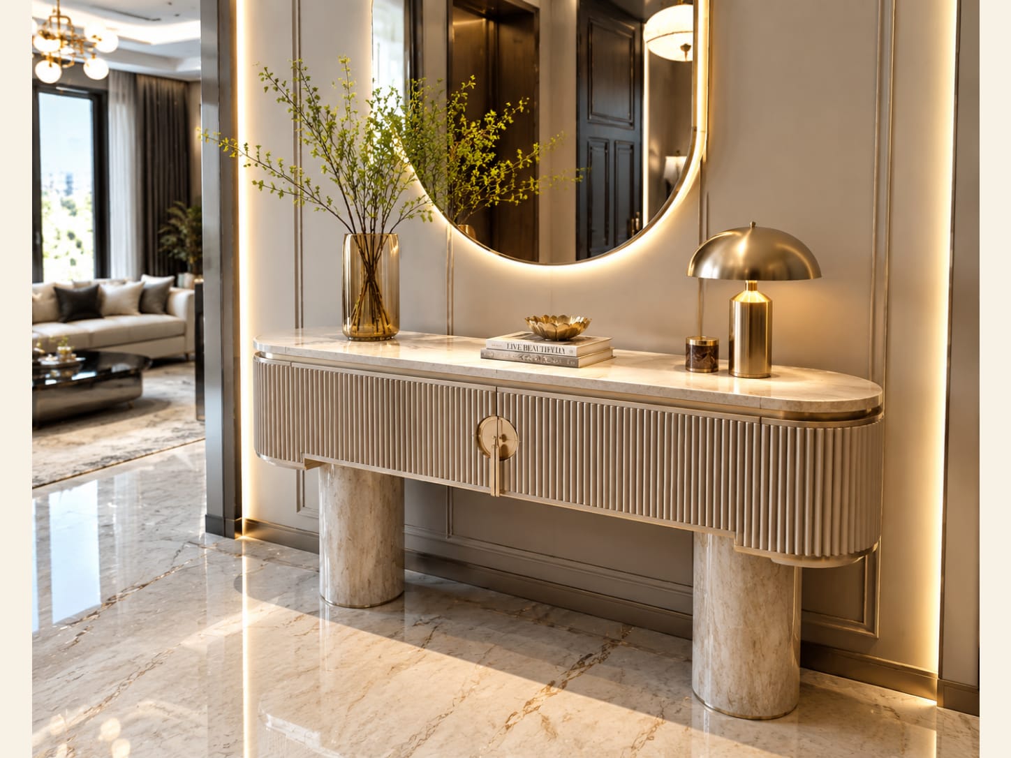 Pair rounded fluting with marble cylinder legs Rounded cream fluted console with drawers, pale marble top and cylindrical stone legs