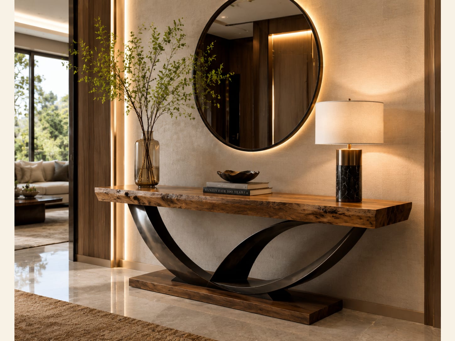 Set a live-edge wood top on a black wave base Live-edge wood console table with a flowing black metal wave base and round mirror