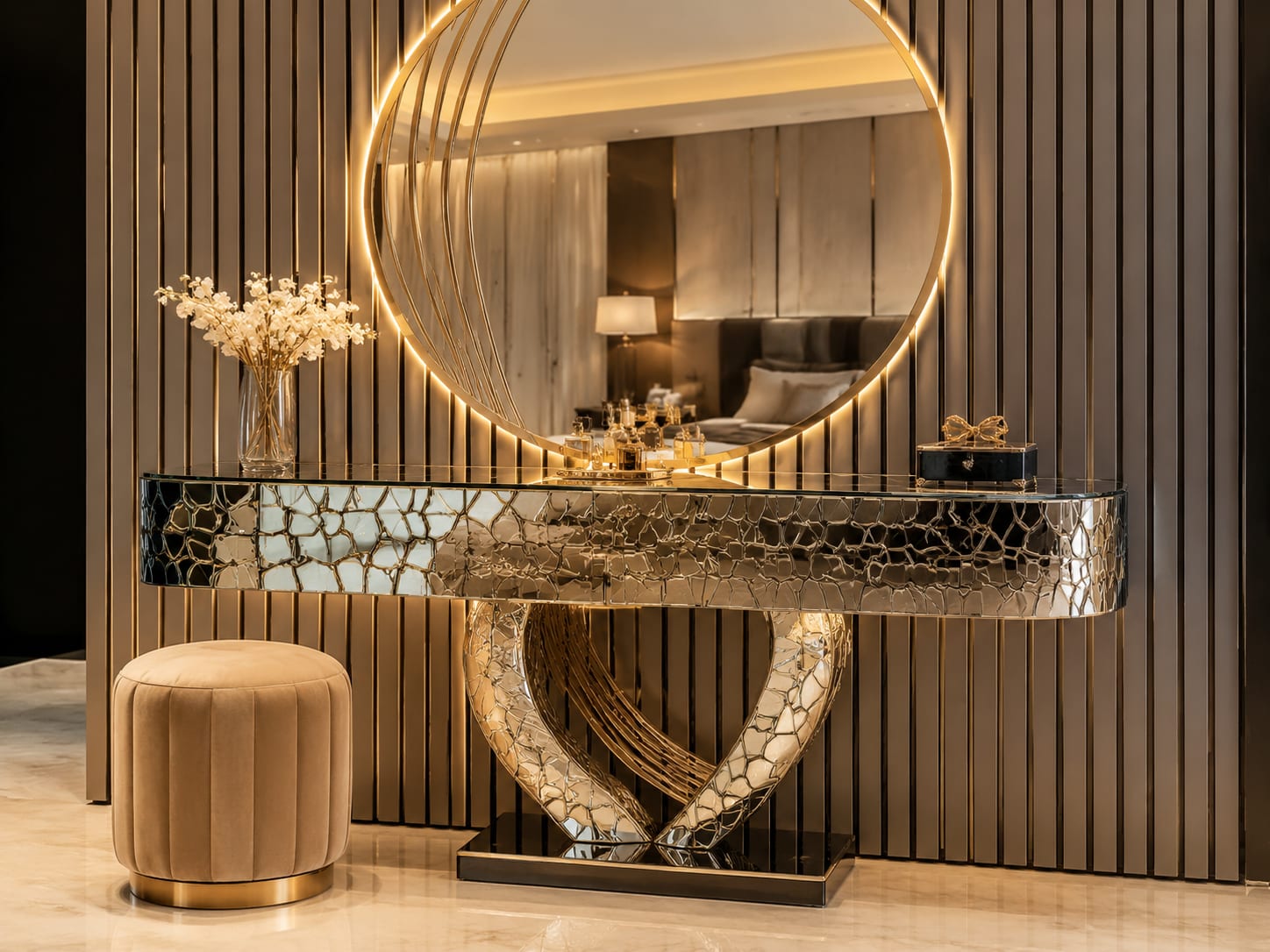 Echo an infinity base with a round backlit mirror Metallic infinity-base console table with a rounded top, backlit mirror and velvet stool