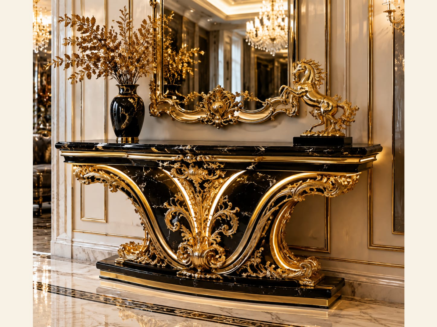 Reserve full scrollwork for a genuinely grand hall Highly ornate black marble console with gold acanthus scrollwork, carved mirror and horse sculpture