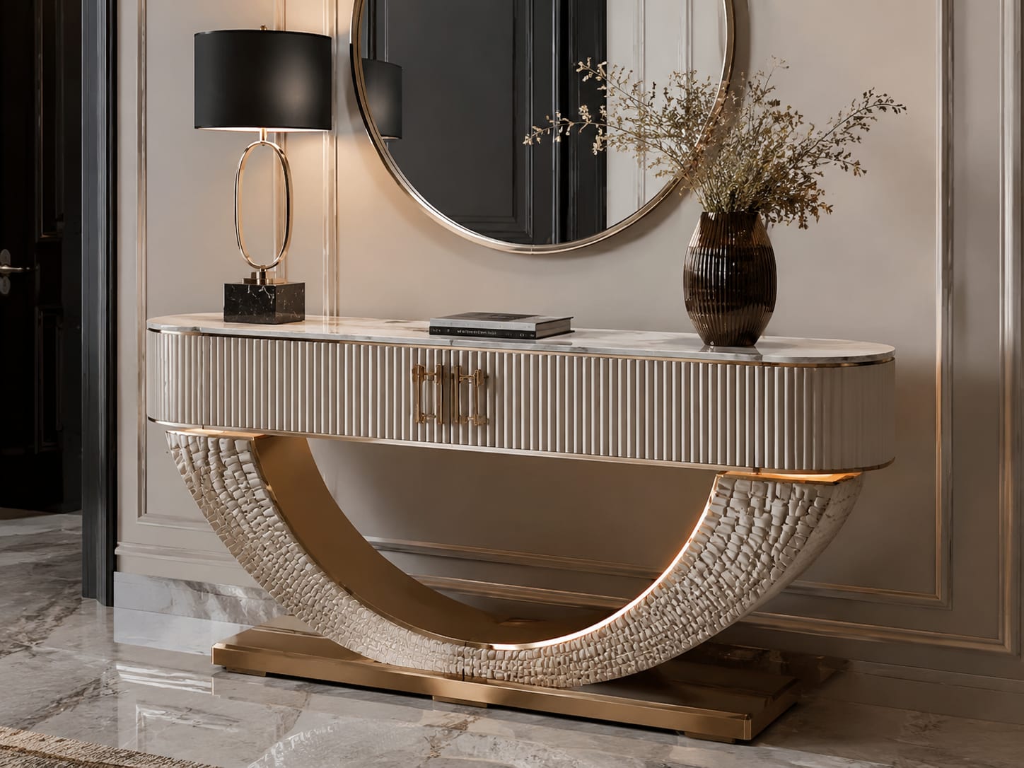 Combine fluted storage with a horseshoe base Cream fluted console table with drawers, marble top and a sculptural horseshoe-shaped base