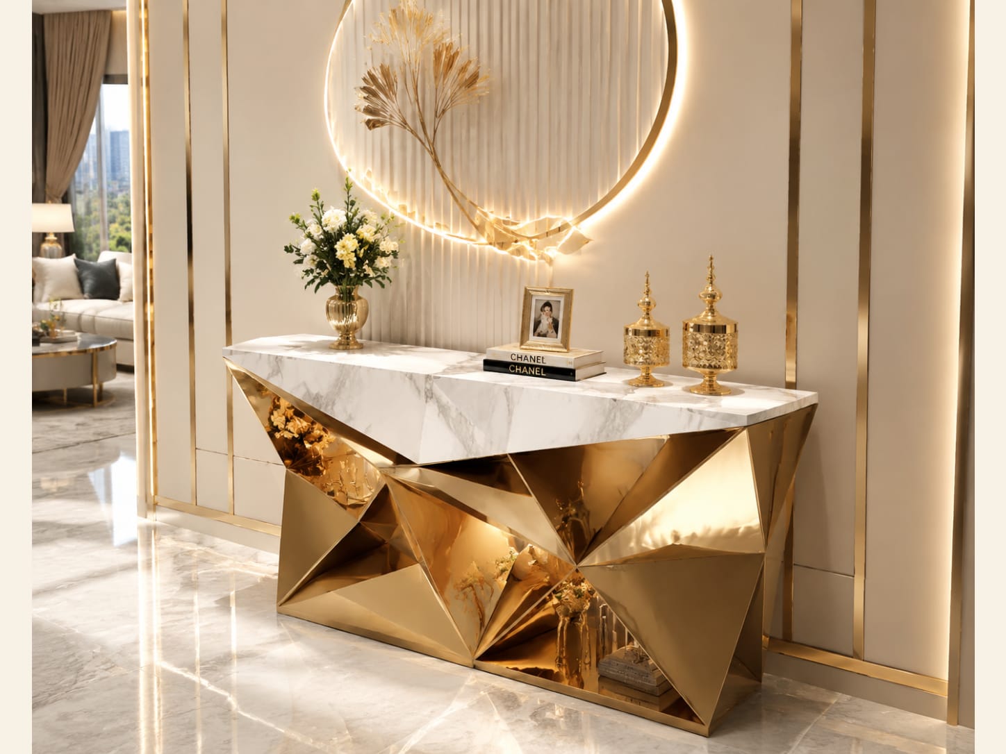 Use a faceted gold base like folded sculpture White marble console table with a reflective faceted gold geometric base