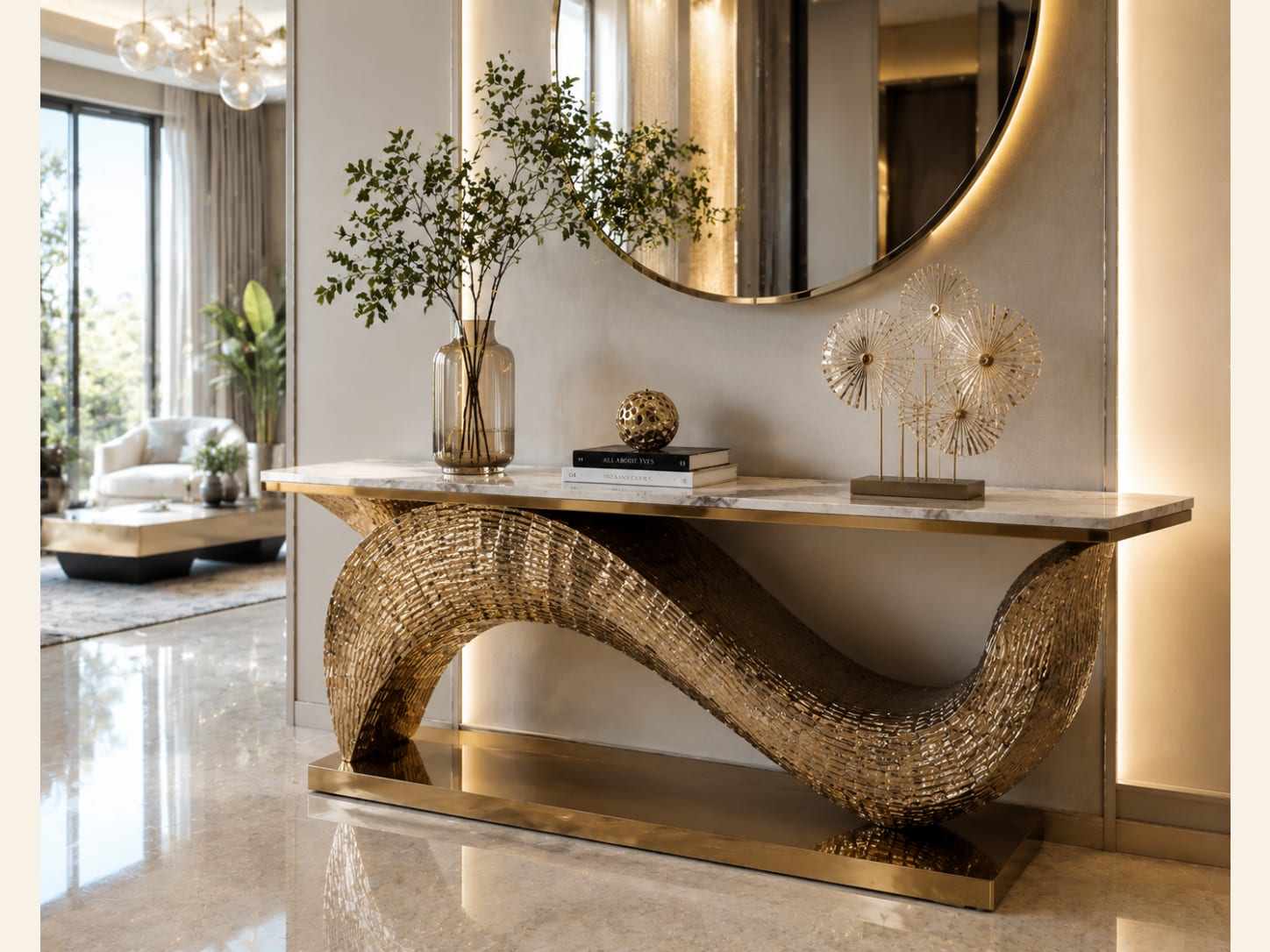Make a textured gold wave the entire artwork Sculptural textured gold wave console table with a slim marble top and round mirror