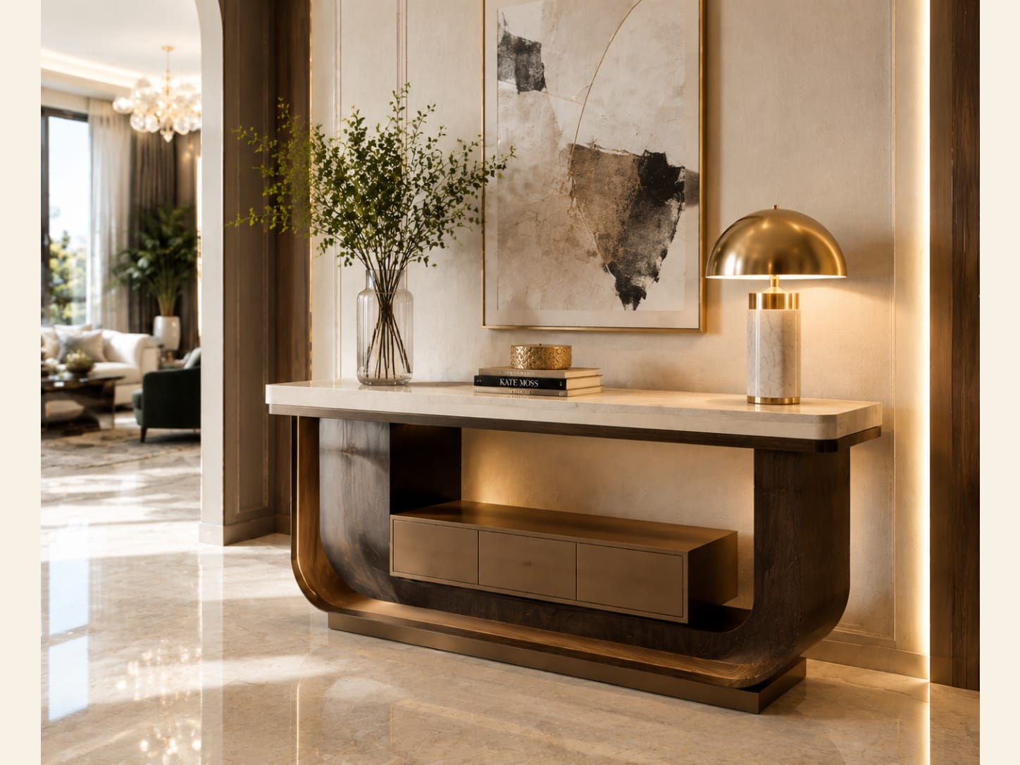Build storage into a continuous walnut U-frame Walnut U-frame console with a pale stone top and floating central drawers