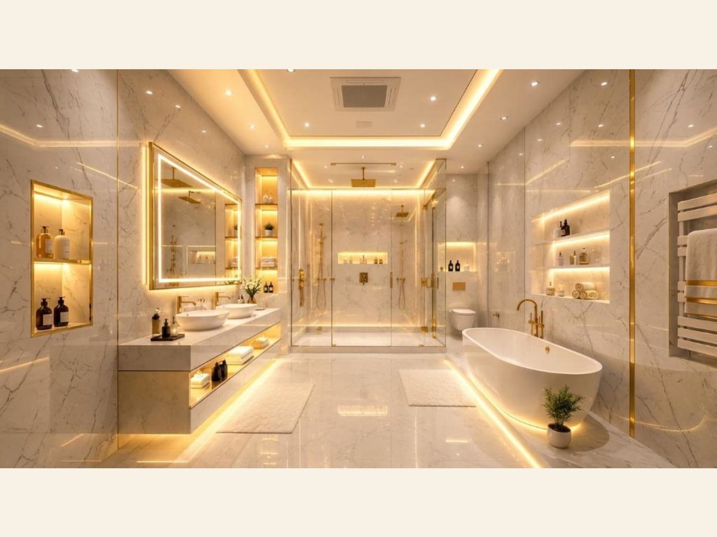A luxury marble bathroom with gold fixtures, a walk-in rainfall shower, a freestanding tub, a backlit mirror, and warm hidden lighting for a private-spa feel.