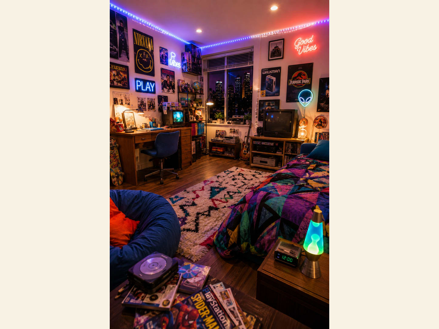 Design the gaming corner first, then add colour around it Y2K neon gaming bedroom with LED ceiling strips, neon signs, poster wall, computer setup, beanbag and city view