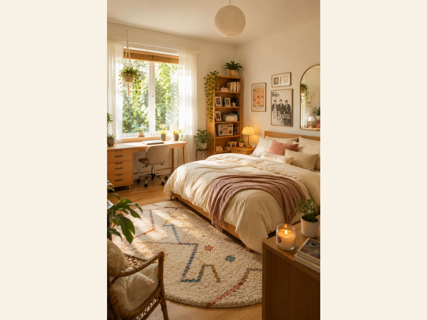 A soft, sunlit aesthetic bedroom with trailing plants, a paper lantern, framed posters, an arched mirror, a blush throw and a candle, light, calm and full of personality.