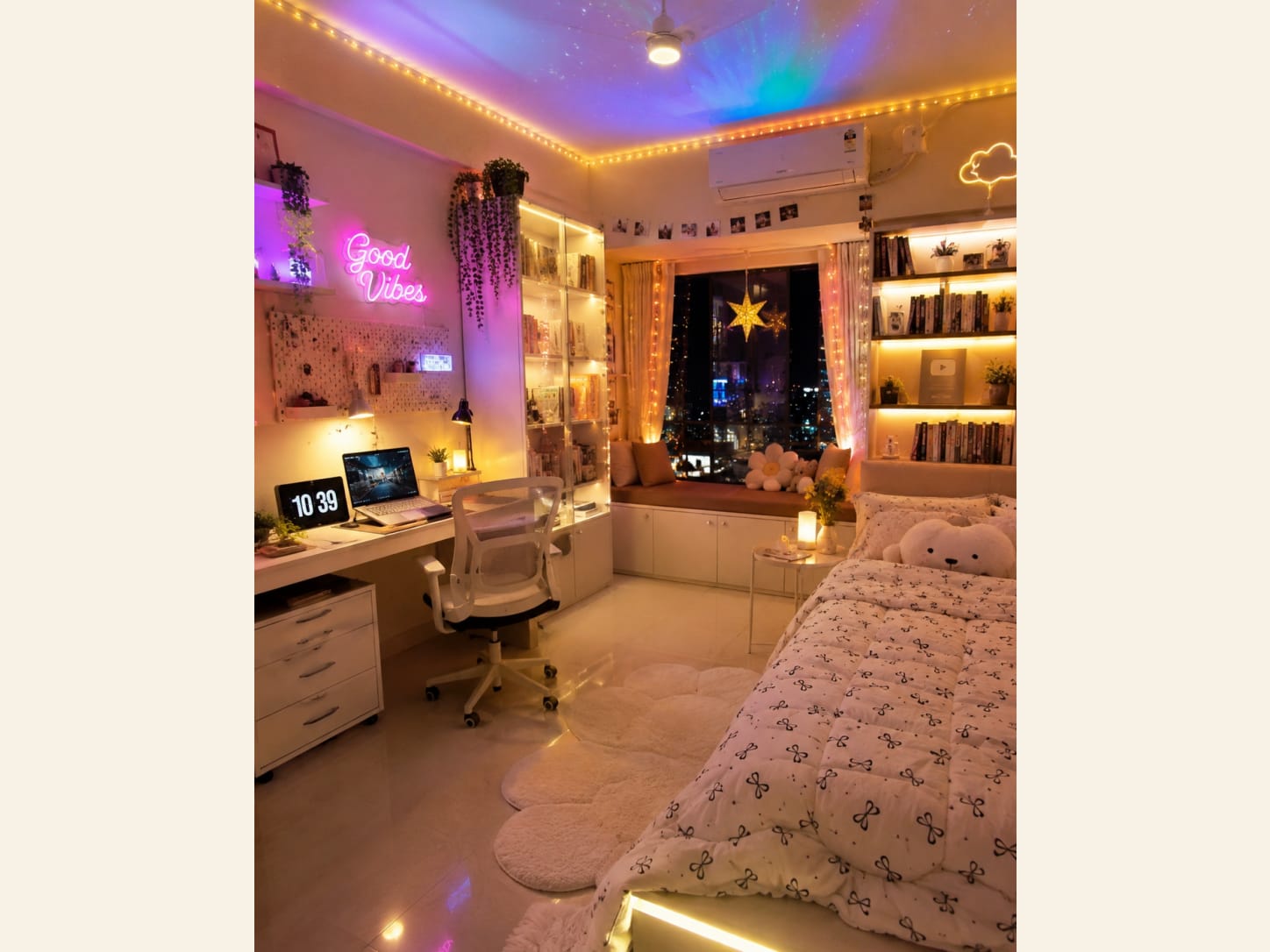 A dreamy study bedroom glowing with warm fairy lights and soft LED, a Good Vibes neon, lit display shelves, a desk with a laptop, a window nook and bow-print bedding.