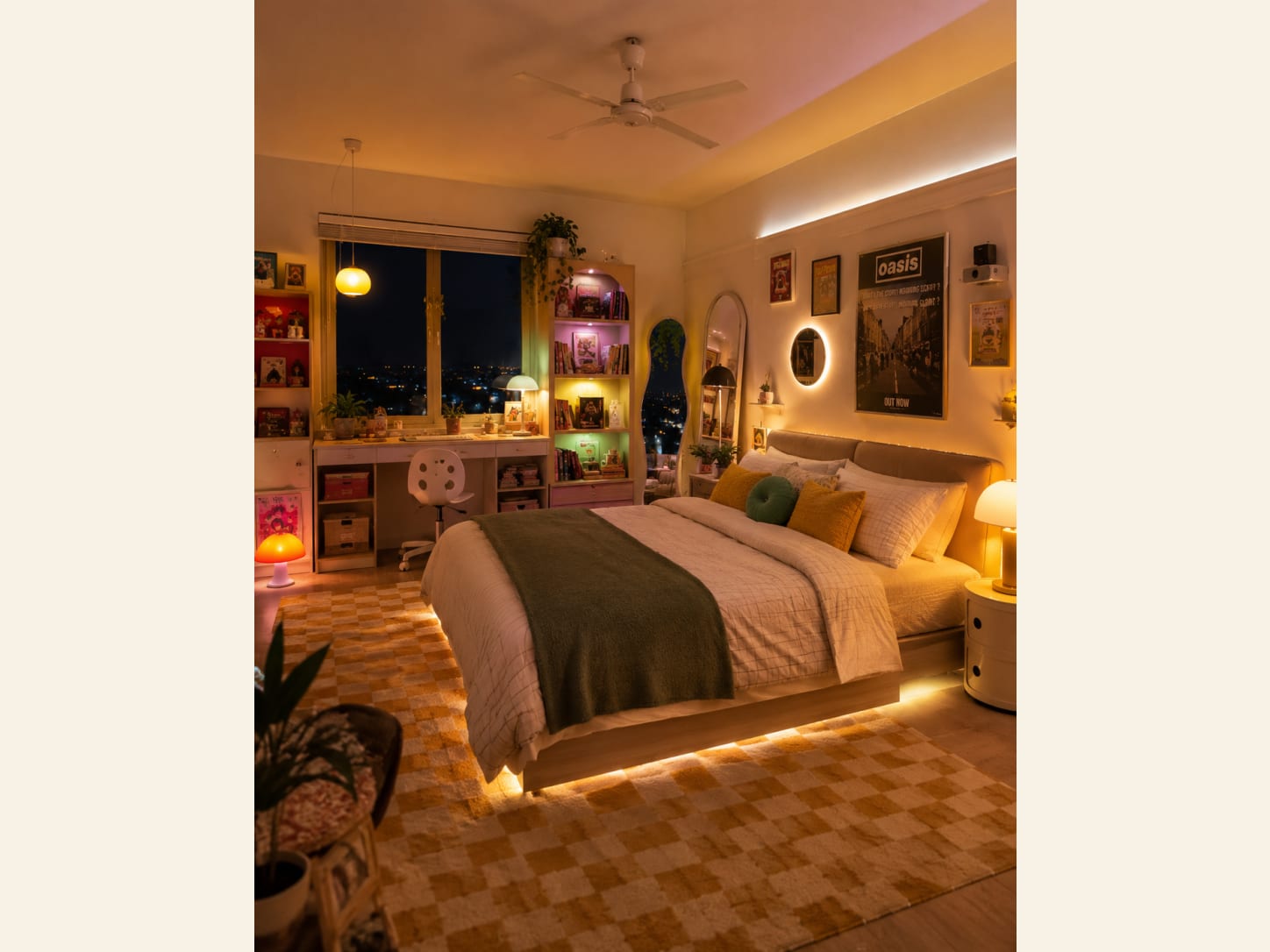 A glowing warm bedroom with a checkerboard rug, LED-lit bed base, lit shelves, an arched mirror, band posters, plants and a city skyline through the window at night.