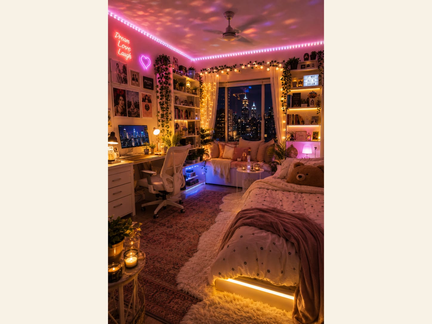 A dreamy pink-lit study bedroom with fairy lights, a Dream Love Laugh neon, trailing vines, lit shelves, a city-view desk, a photo wall, a window seat and a fluffy rug.