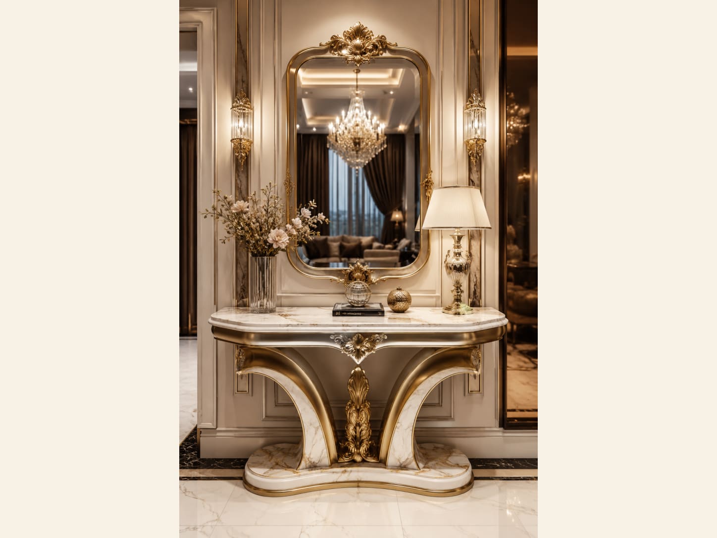 An Ornate Gold Mirror and Marble Console for a Classic Glam Entryway A classic glam entryway with an ornate carved gold mirror, a marble-and-gold console with a curved twin-pedestal base, a soft table lamp, dried flowers and panelled cream walls under a glittering chandelier.