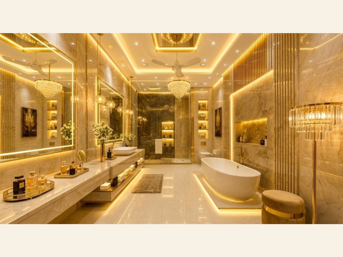 An Opulent Gold Bathroom with a Chandelier An opulent gold bathroom with crystal chandeliers, honeyed marble, a freestanding tub on a lit platform, and a vanity styled like a glamorous dressing table.