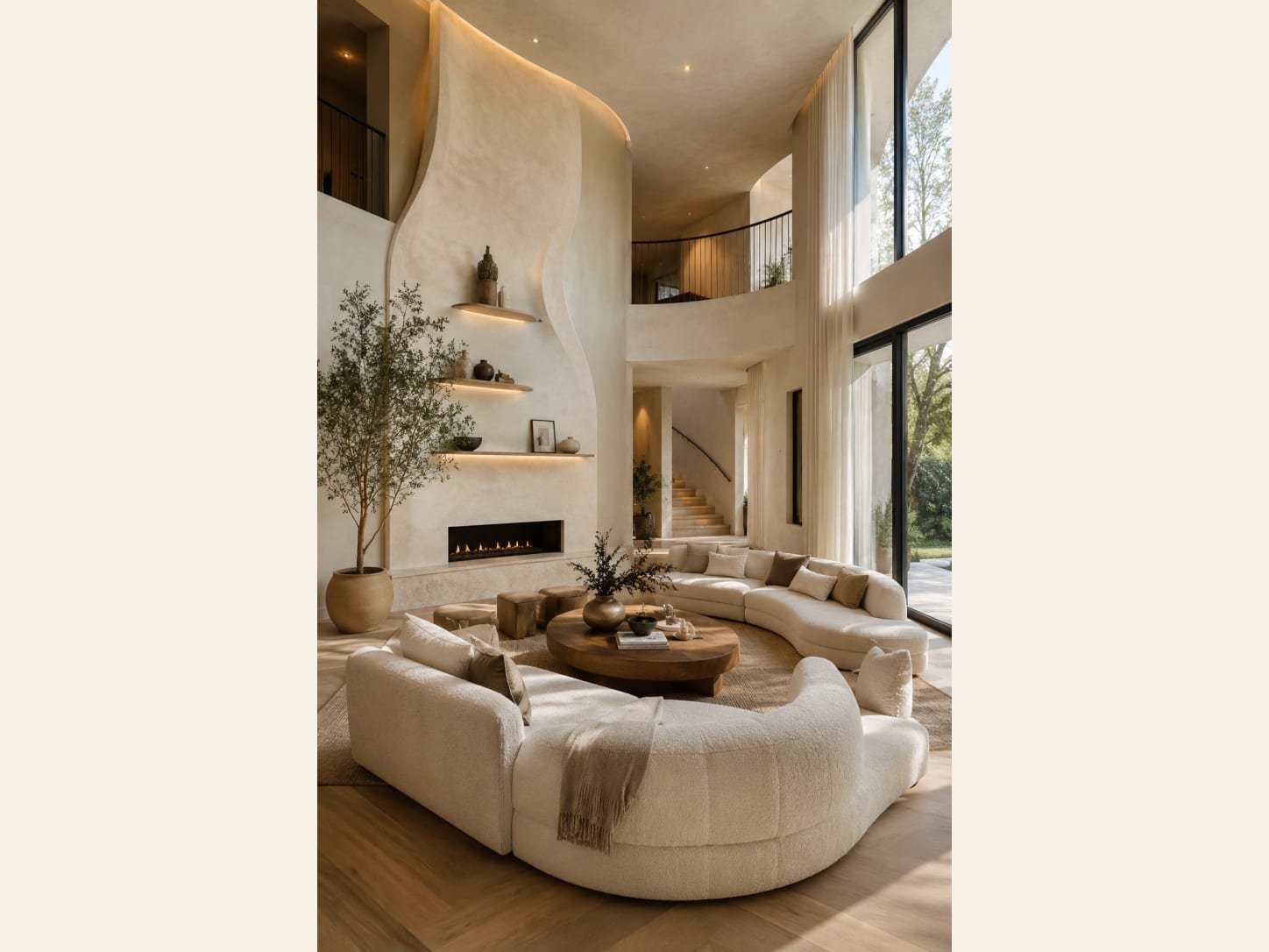 A Double-Height Organic Living Room with Curved Sofas A soaring double-height living room with a sculptural curved plaster wall, cove lighting, curved cream sofas, a linear fireplace, floating niche shelves, an olive tree and a staircase rising to a mezzanine.