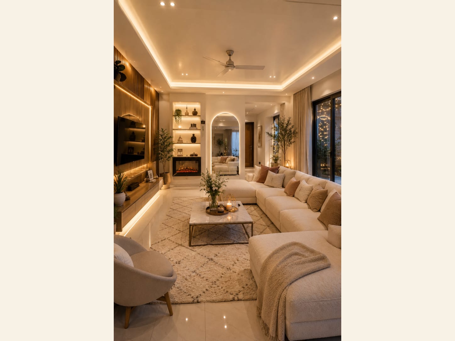 A warm modern living room at night with a fluted-wood TV wall, an electric fireplace, a backlit arched niche, a cream sectional, a marble coffee table, a tray ceiling cove and fairy-lit windows.