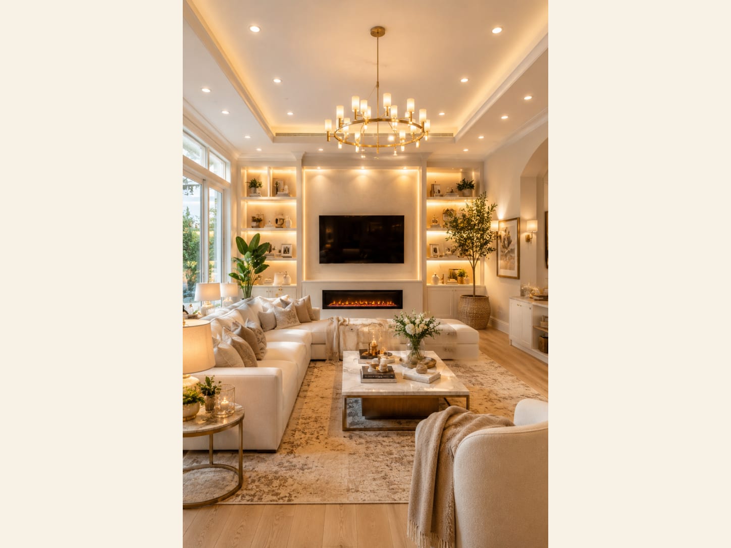A Bright Glam Living Room with a Gold Ring Chandelier A bright, warm glam living room with a gold ring chandelier, a cream sectional, an electric fireplace flanked by backlit display shelves, a marble coffee table, an olive tree and a tray ceiling of warm downlights.