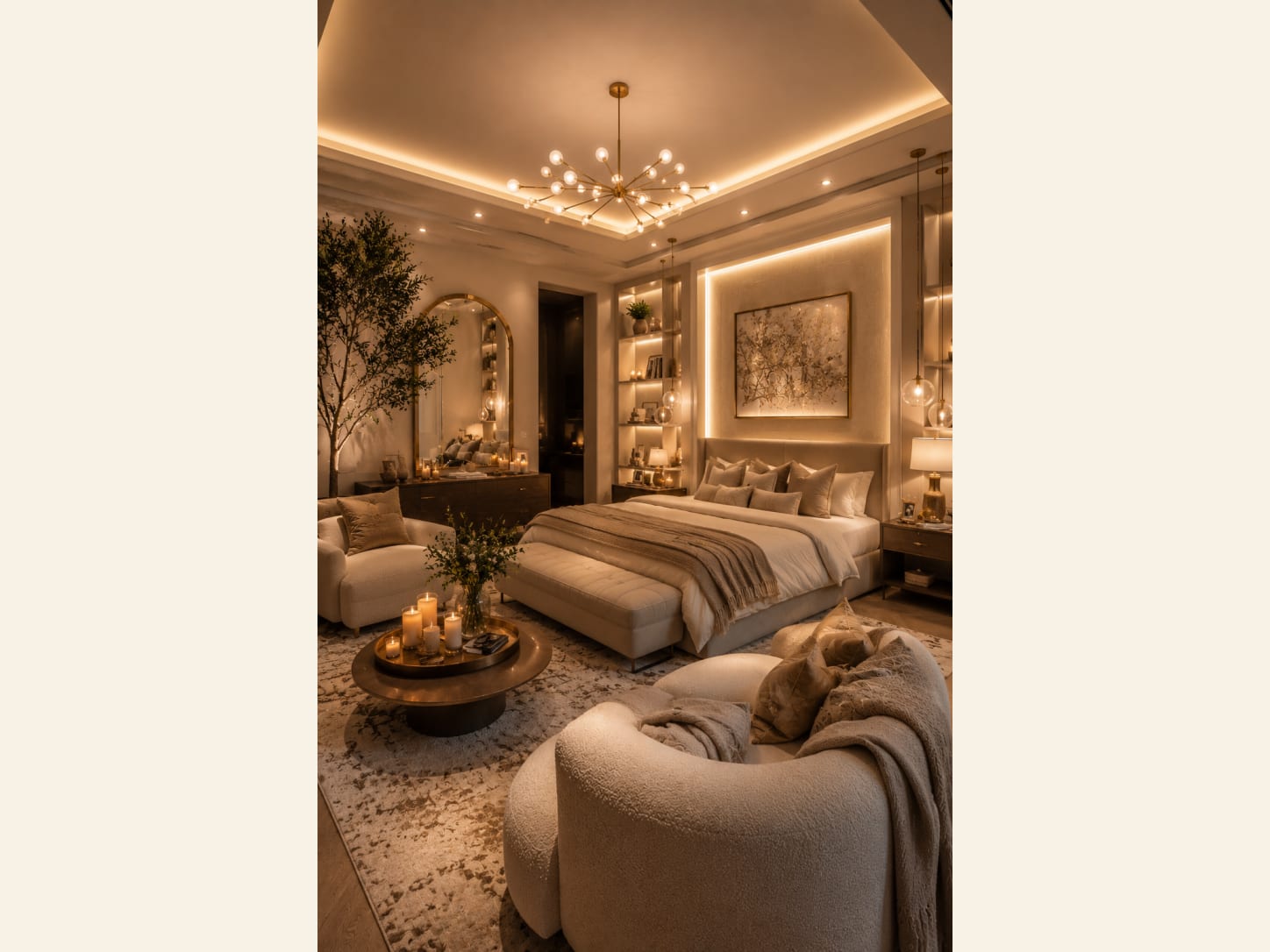 A warm luxury bedroom at night with a gold starburst chandelier, a backlit upholstered headboard, an arched mirror, a curved bouclé sofa, a round candle-lit coffee table and a deep cream rug.