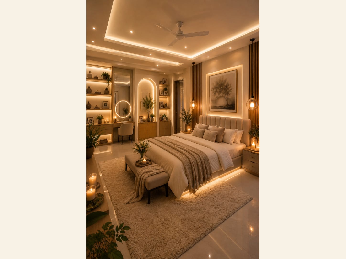 A warm cozy bedroom with a round backlit vanity mirror, a fluted-wood accent wall, an upholstered headboard, backlit niche shelves, candles, pendant lights and a soft beige rug.