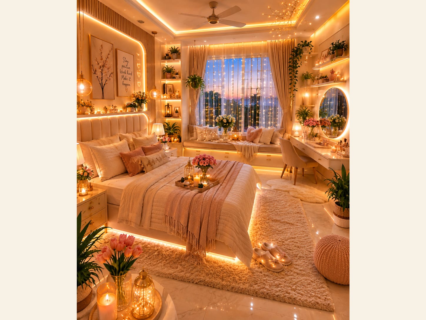 A dreamy pink aesthetic bedroom glowing with a fairy-light curtain, a cushioned window seat, a round vanity mirror, trailing plants, fresh flowers, candles and a soft blush palette.