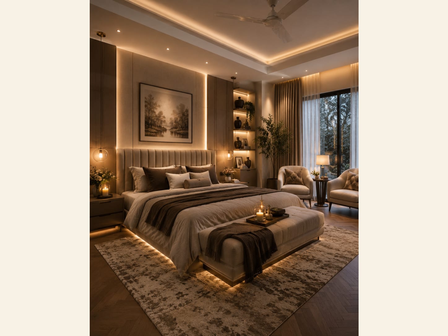 A Warm Modern Luxury Bedroom with a Channel Headboard A warm modern luxury bedroom at night with a tall channel-tufted headboard, a backlit headboard wall, lit niche shelves, two accent armchairs, an ottoman bench, landscape art and under-bed glow.