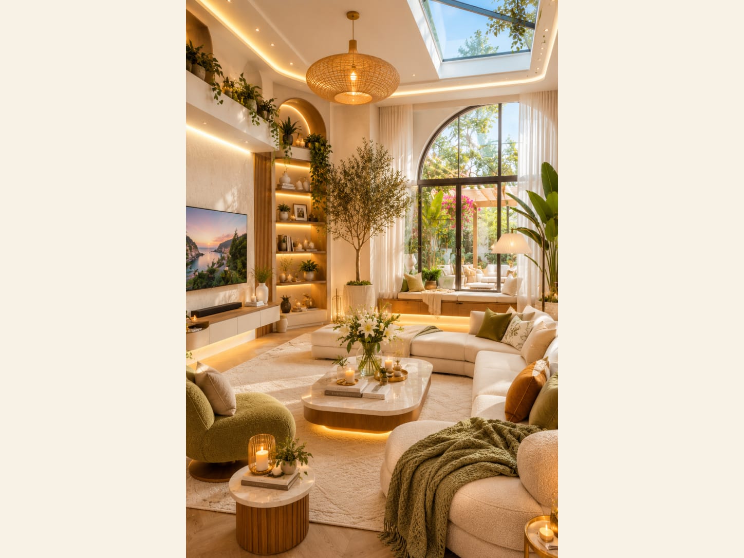 A Bright Biophilic Living Room with a Skylight A bright biophilic living room with a skylight, a woven rattan pendant, curved cream sofas, backlit niche shelves, an indoor olive tree, green accents and an arched window onto a garden.
