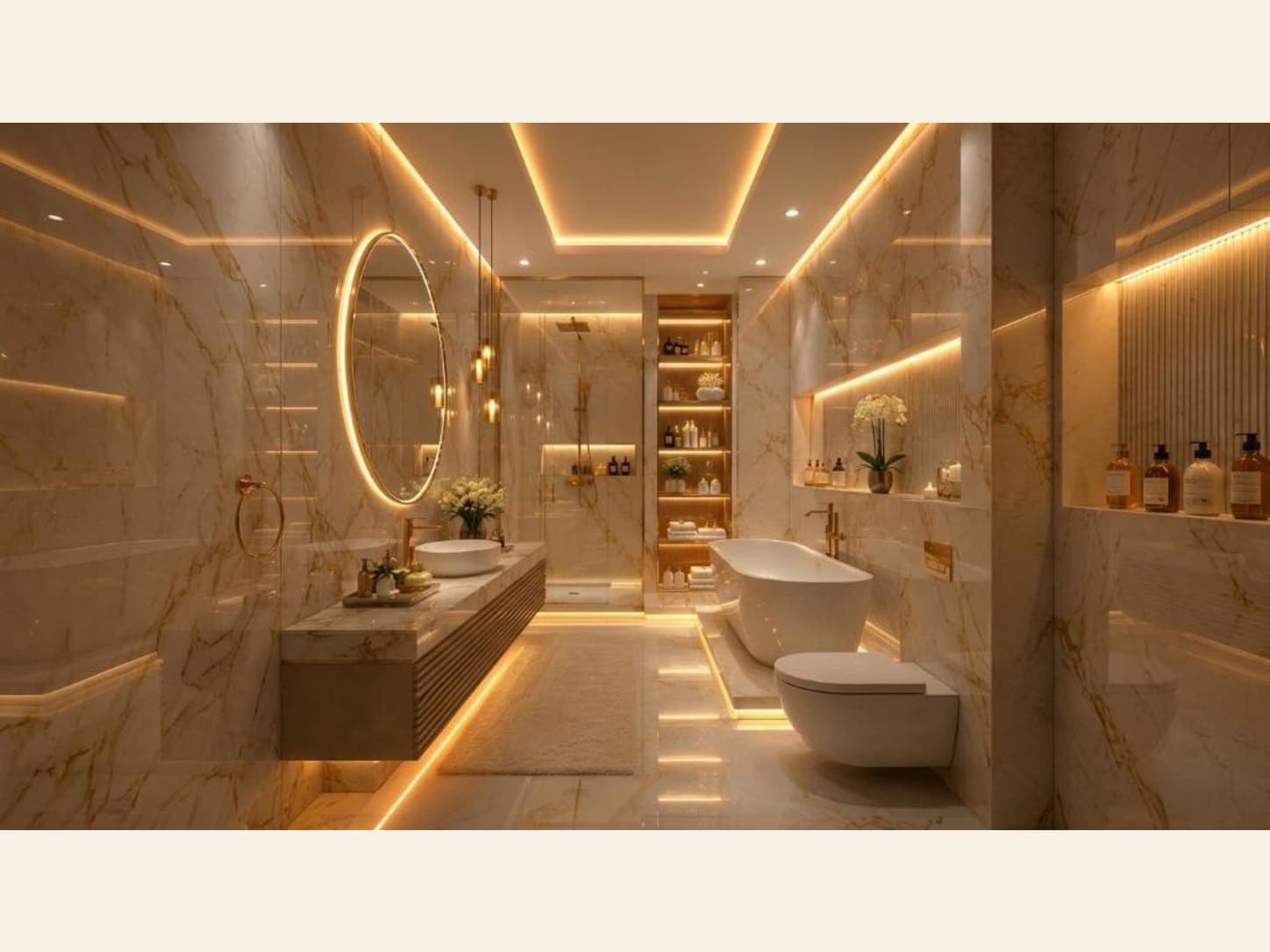 A warm marble bathroom that makes a compact space feel rich, a round backlit mirror, a floating vanity, hidden floor lighting, and a freestanding tub.