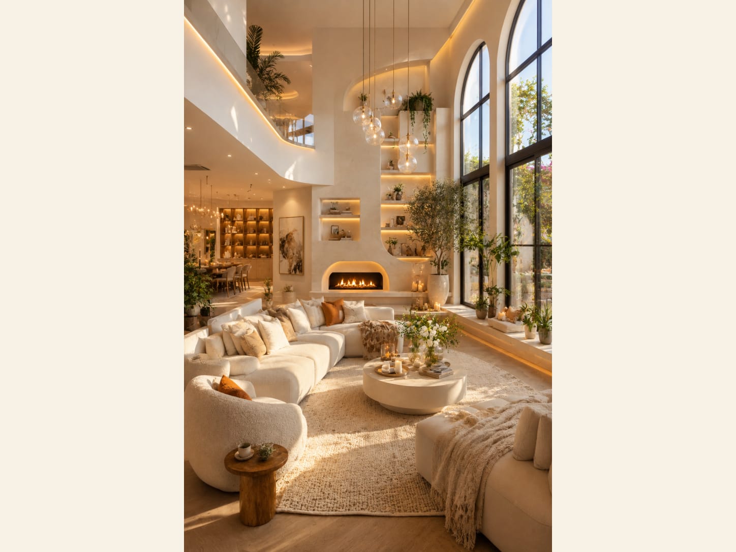 A Double-Height Organic Living Room with Cluster Pendants A grand double-height organic living room with a cluster of glass pendant lights, curved cream sofas, a linear fireplace, floating lit shelves, a mezzanine balcony, an indoor tree and huge arched windows.
