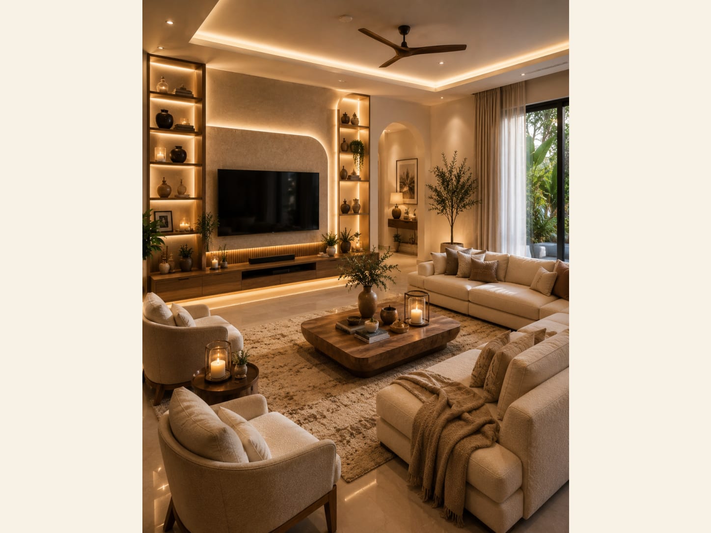 A warm earthy living room with a textured TV feature wall, arched backlit niches full of pottery, a wood-slat console, a beige sectional, accent chairs, a chunky wood coffee table and a garden view.
