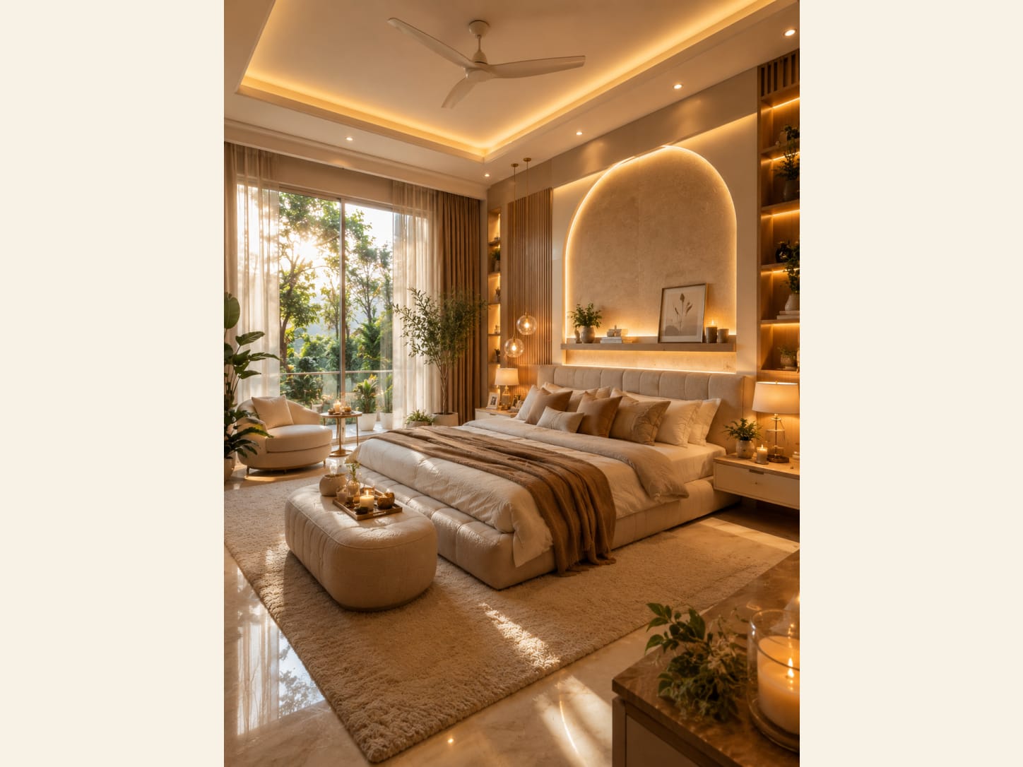 A warm luxury master bedroom at sunset with an arched fluted-wood backlit headboard niche, an upholstered bed, lit display shelves, an ottoman, an accent swivel chair, plants and a golden window view.