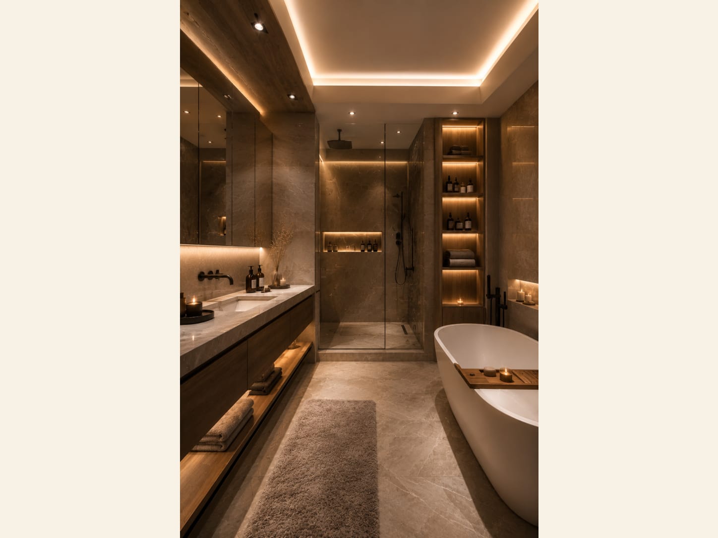 A warm modern spa bathroom in taupe stone with a freestanding tub, a glass walk-in rain shower, backlit wood niche shelves, a floating double vanity, black fixtures and a plush rug.