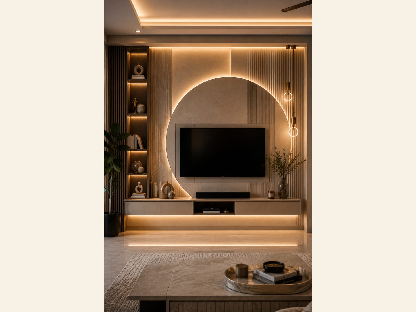 A Modern TV Wall with a Circular Backlit Panel A modern TV wall with a large circular backlit stone panel behind the screen, fluted side panels, lit display niches, a floating console and warm cove lighting in a calm beige living room.