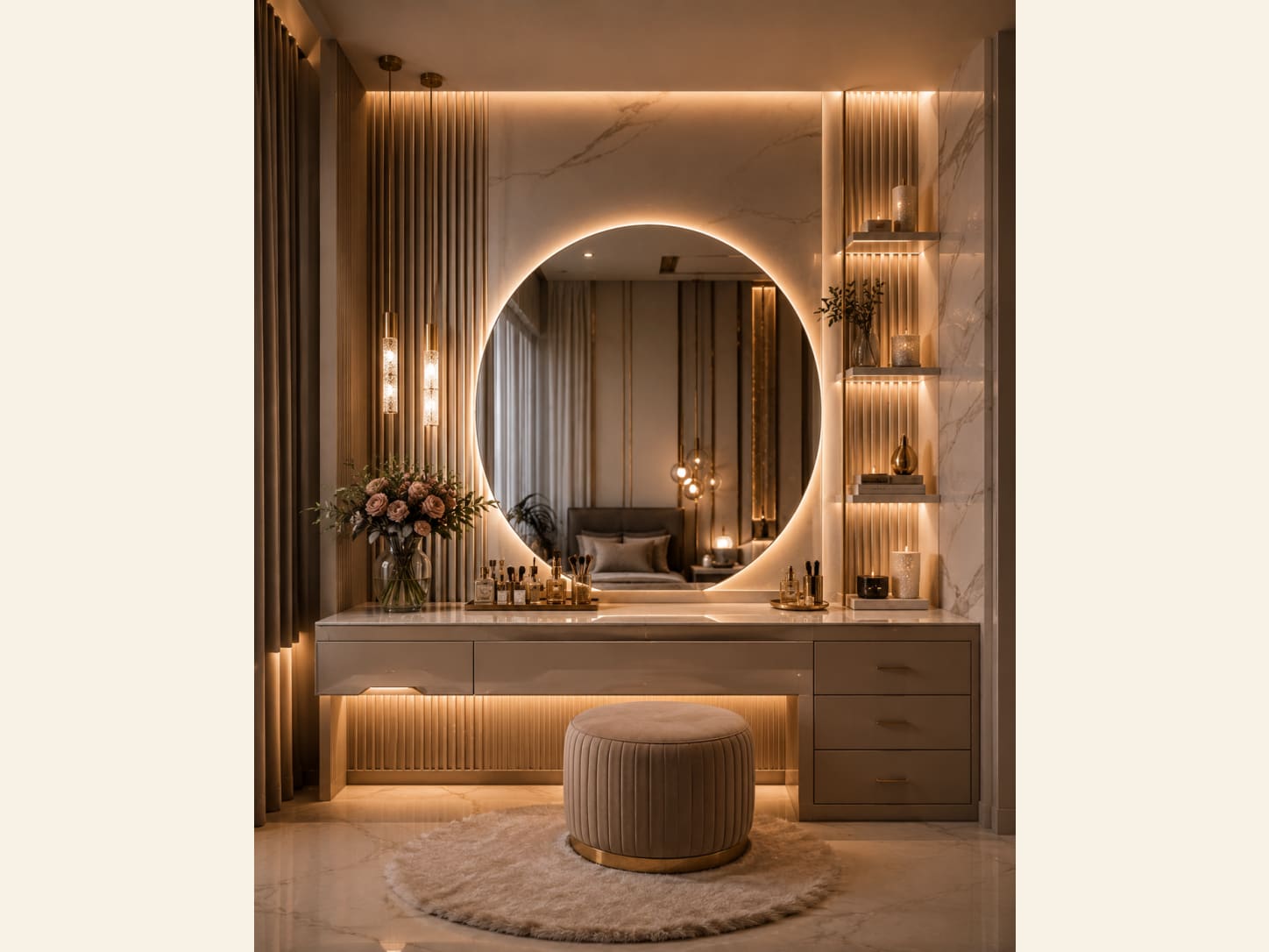 A Glam Bedroom Dressing Table with a Round Backlit Mirror A glam bedroom dressing table with a huge round backlit mirror, fluted panels, a marble top, pendant lights, lit display shelves, an upholstered stool and fresh flowers.