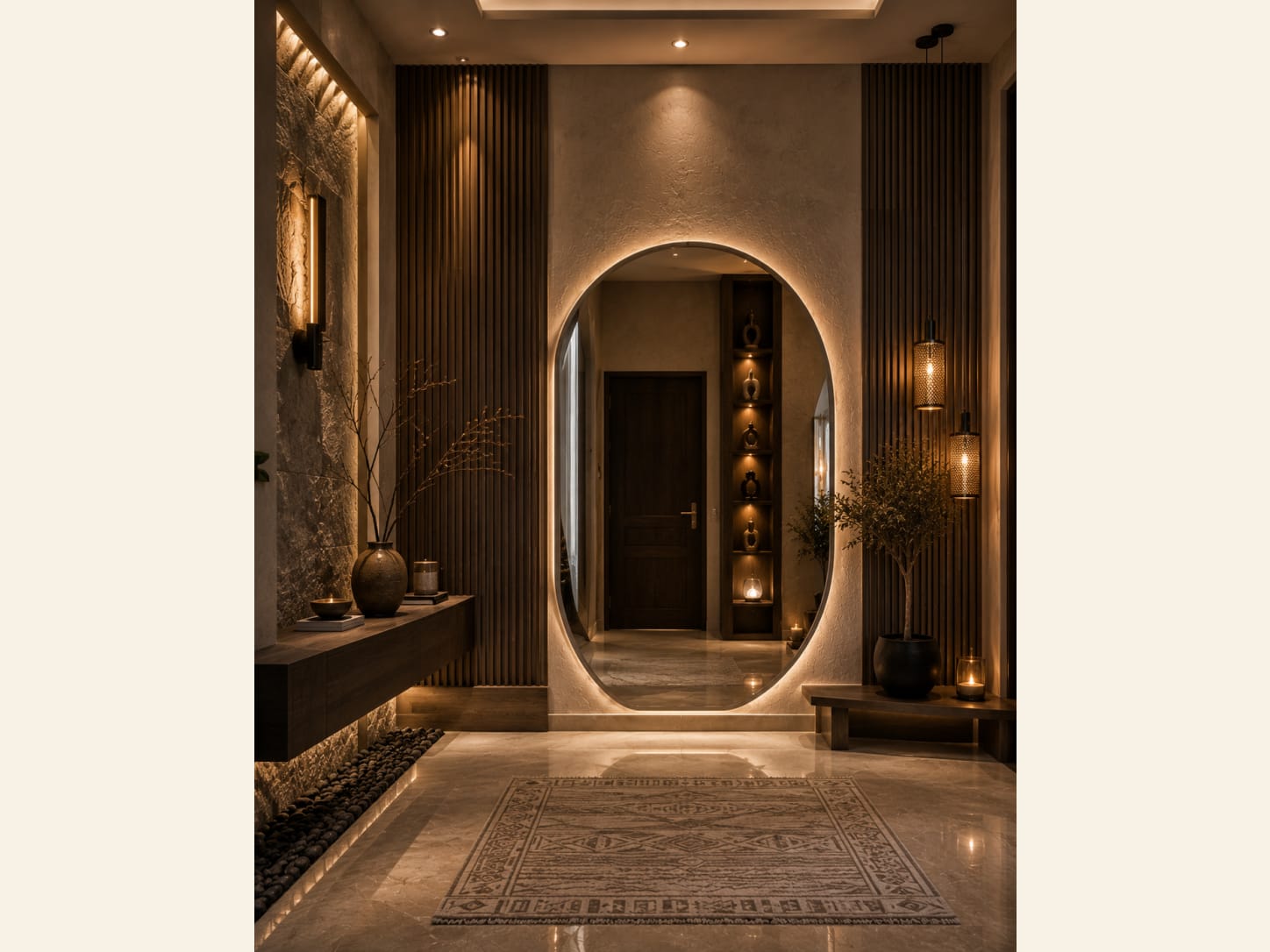 An Entryway with an Oval Backlit Mirror and Wood Slat Walls A warm modern entryway with a large oval backlit mirror, wood slat feature walls, a floating console, a lit niche of vases, an olive tree, a pebble border and a patterned runner rug.