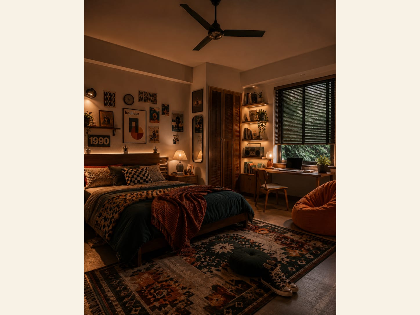 A cozy aesthetic bedroom with a retro gallery poster wall, warm lamp and shelf lighting, layered vintage rugs, a study desk nook, trailing plants, a bean bag and eclectic decor.