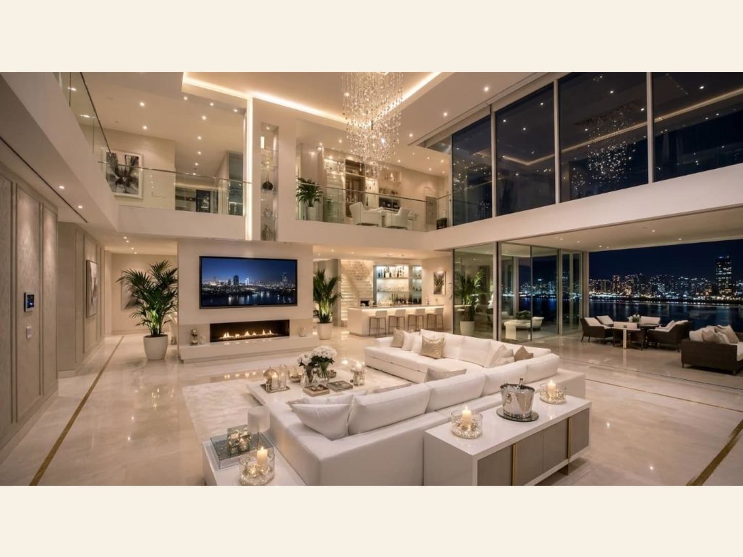 A Waterfront Penthouse Living Room with a Fireplace A double-height waterfront penthouse living room, twin white sofas, a linear fireplace, a crystal chandelier, and an open entertaining plan with a skyline view.