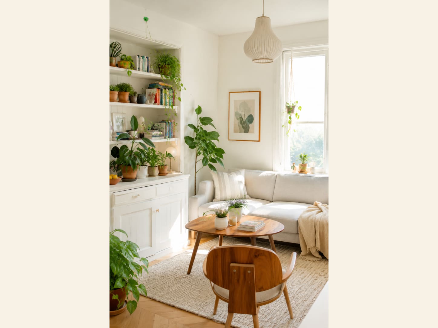 A Plant-Filled Cozy Living Room Full of Natural Light A bright, plant-filled living room with a white built-in bookshelf, a soft linen sofa, a round wood coffee table, a mid-century chair, a jute rug and trailing greenery soaking up the morning sun.