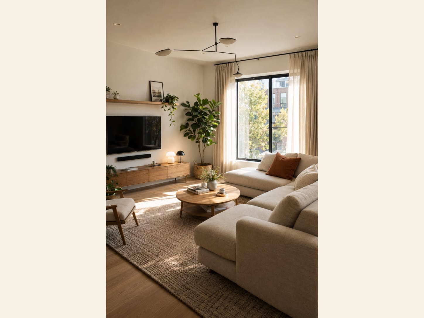 A clean modern TV wall with a mounted TV, a floating oak shelf, an oak media console, a fiddle leaf fig, a linen sectional and sheer curtains in soft, warm light.