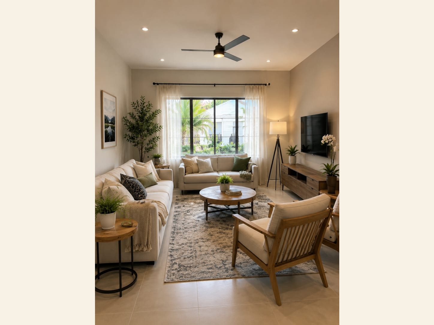 A Warm Neutral Family Living Room with a Tropical View A bright, cozy family living room with two soft beige sofas, a round wood coffee table, a wood TV console, leafy plants and a jute rug, all facing a sunny tropical garden window.