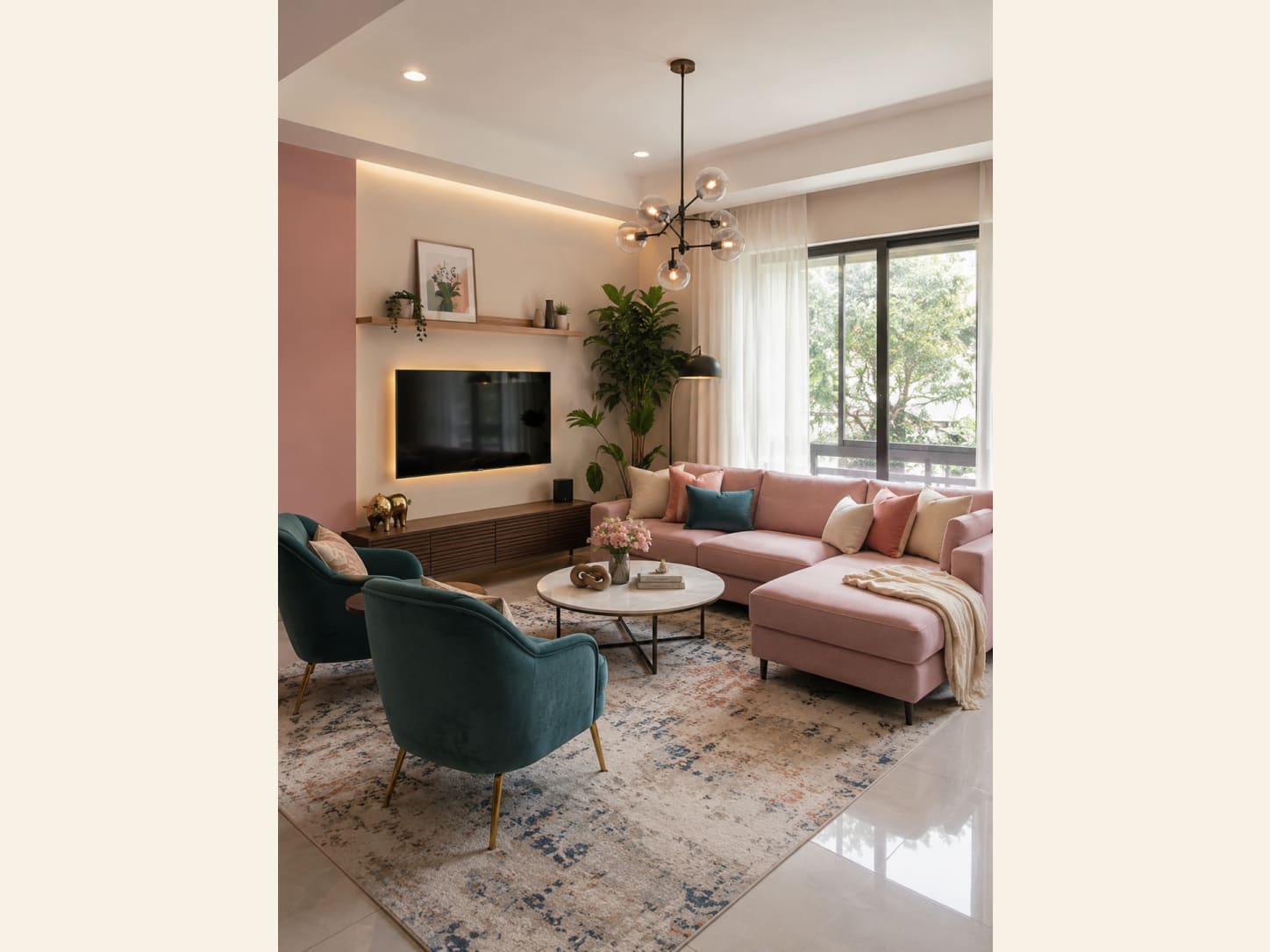 A Pink and Teal Glam Living Room with a Bubble Chandelier A colourful glam living room with a blush pink sectional, teal velvet accent chairs on gold legs, a round marble coffee table, a bubble chandelier and a soft pink accent wall.