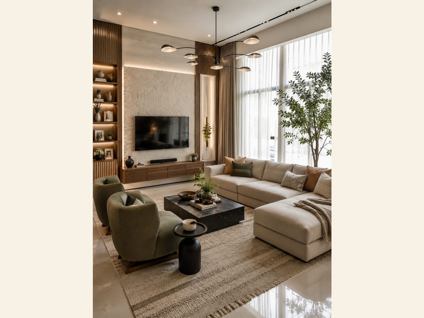 A warm modern luxury living room with a textured stone TV wall, wood slat panels, lit display shelves, a cream sectional, olive green accent chairs and a black marble coffee table.