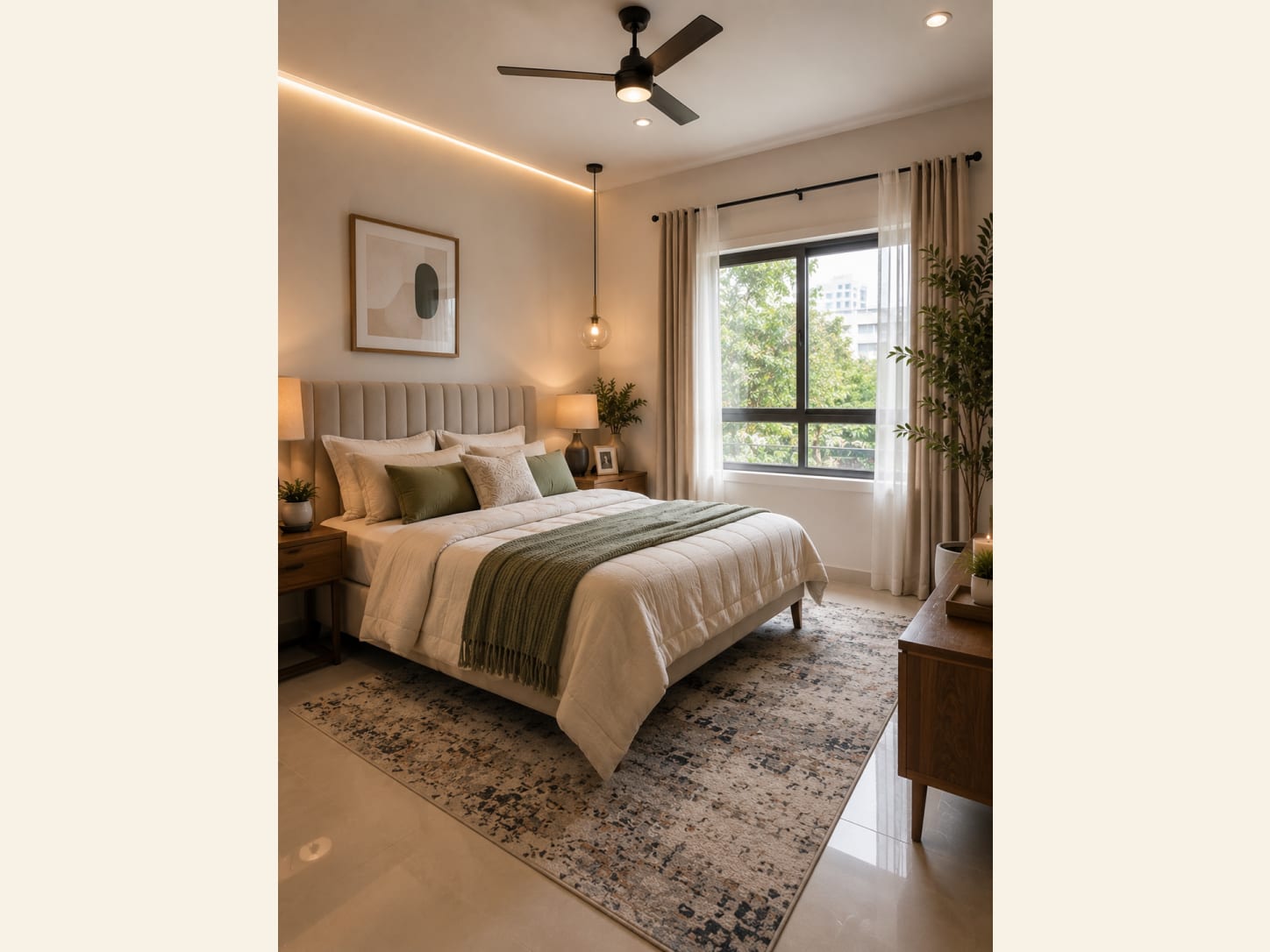 A Cozy Warm Modern Bedroom with Green Accents A cozy modern bedroom with a channel-tufted headboard, warm cream bedding, olive green throw and pillows, wood nightstands, a glass pendant, plants and a soft cove-lit ceiling.