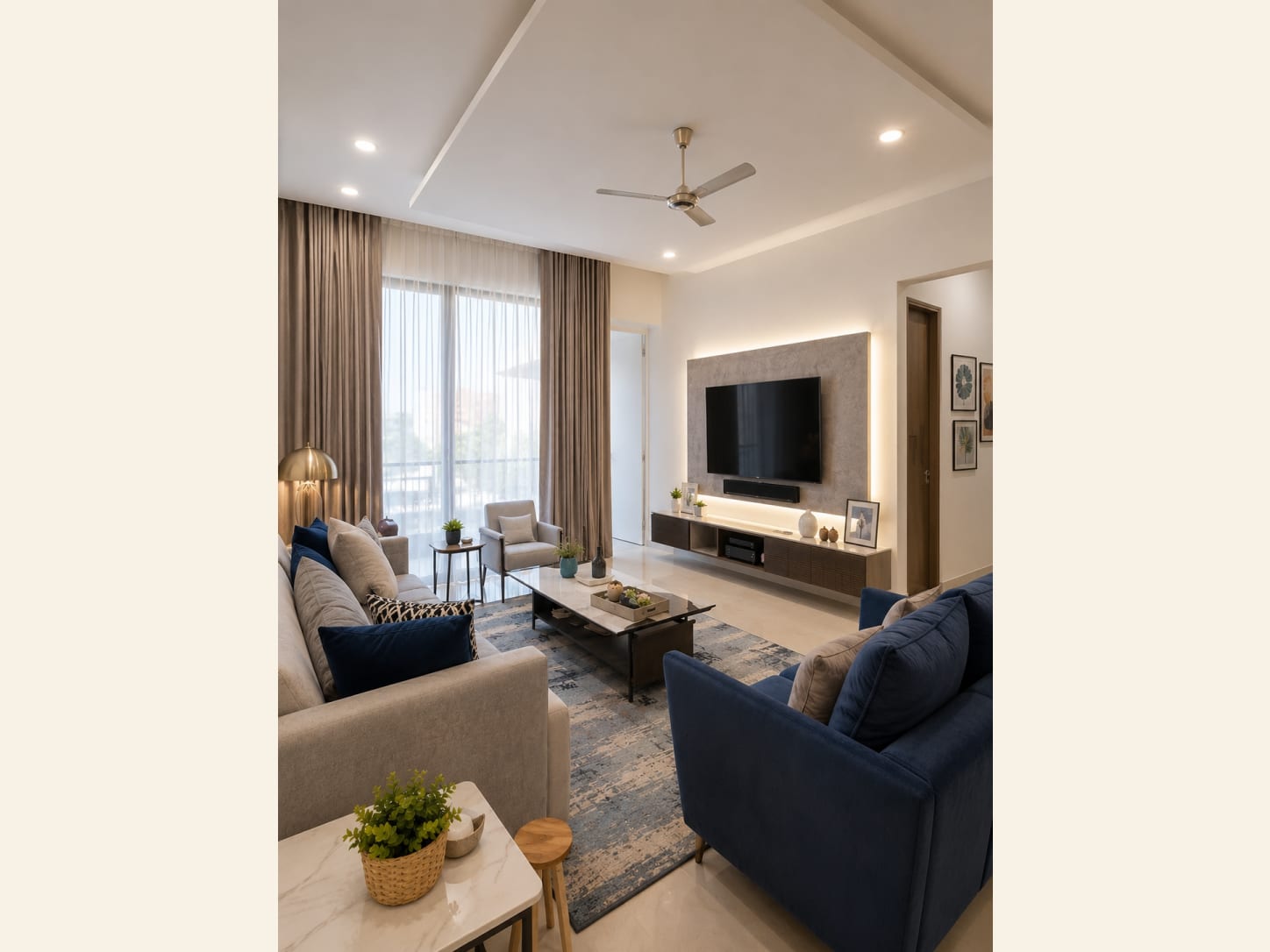 A Modern Navy and Grey Living Room with a Backlit TV Wall A modern living room with a grey and navy blue sofa set, a floating wood TV console, a backlit stone TV panel, a marble coffee table and warm curtains with a balcony view.