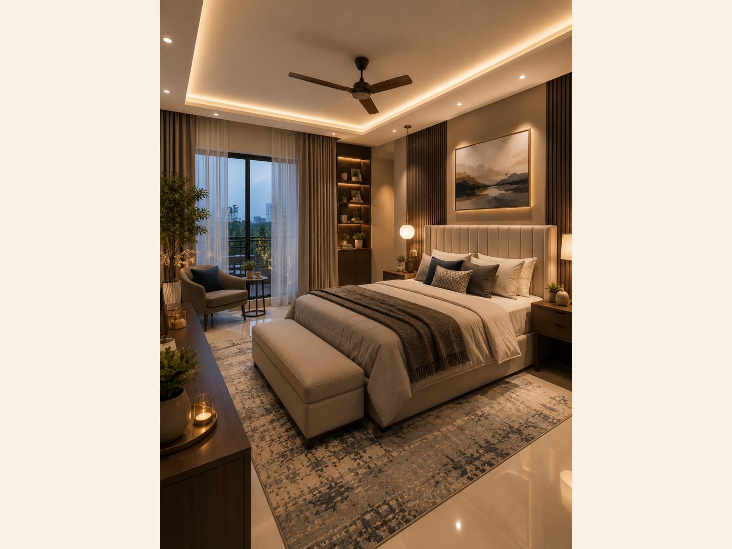 A Warm Luxury Bedroom with a Wood Slat Accent Wall A warm luxury bedroom with a channel-tufted headboard, a wood slat accent wall, cove lighting, a storage bench, lit display niches, plants and a balcony night view.