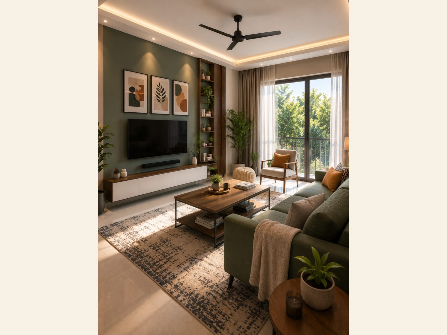 A cozy living room with an olive green sofa, a sage green gallery wall, a white and wood TV console, a wood slat panel, plants and a sunny balcony garden view.