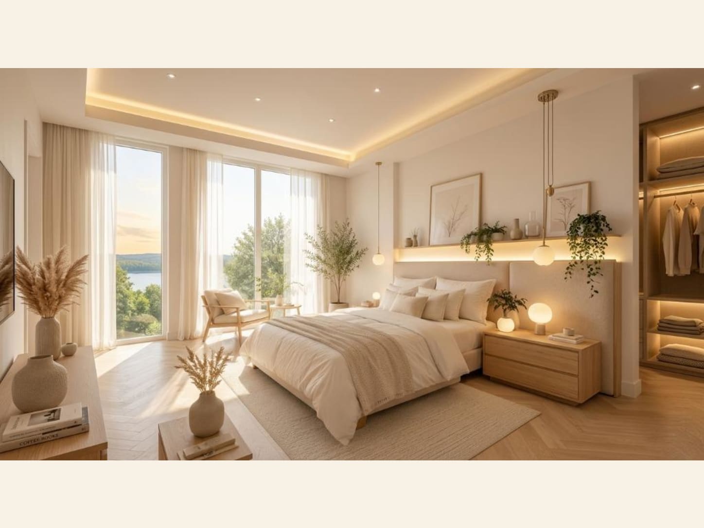 A Bright Minimalist Bedroom with a Nature View A bright, airy minimalist bedroom in warm white and light oak, with a calm lake view, soft cove lighting, globe lamps, and a serene Scandinavian feel.