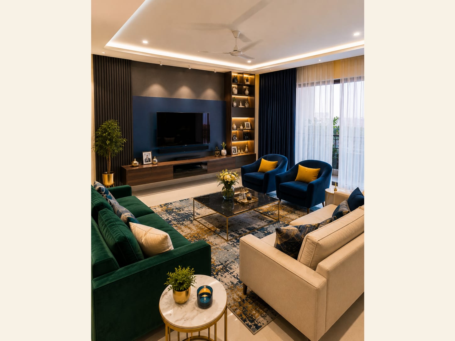 An Emerald and Navy Jewel-Tone Luxury Living Room A jewel-tone luxury living room with an emerald green velvet sofa, navy velvet accent chairs, gold and mustard accents, a black marble coffee table and a navy TV wall with lit shelves.