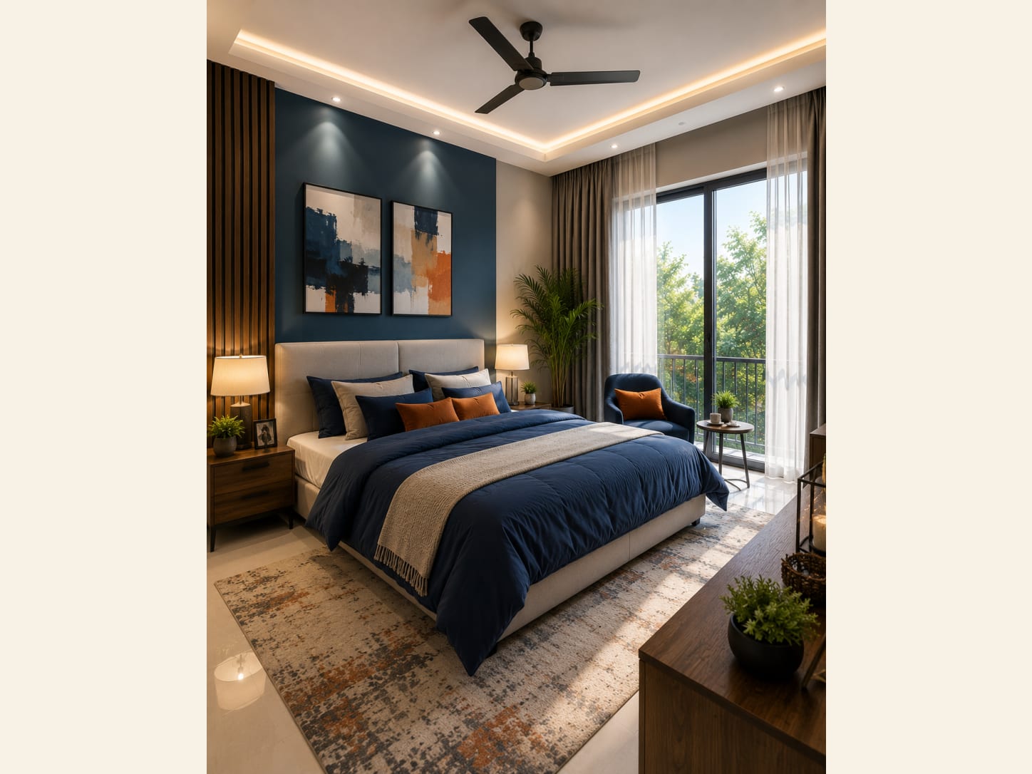 A modern bedroom with a deep navy accent wall, an upholstered headboard, navy bedding, rust pillows, a wood slat panel, abstract art, plants and a bright balcony view.